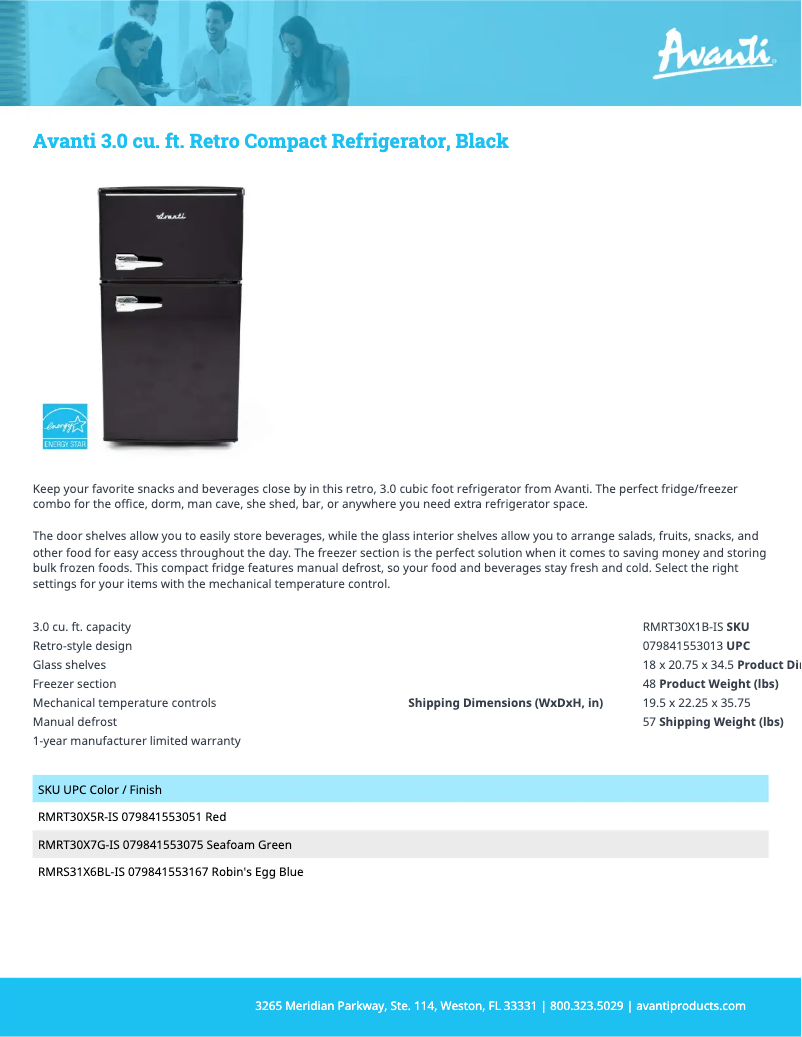 Page 1 de la notice Fiche technique Avanti RMRT30X1B-IS