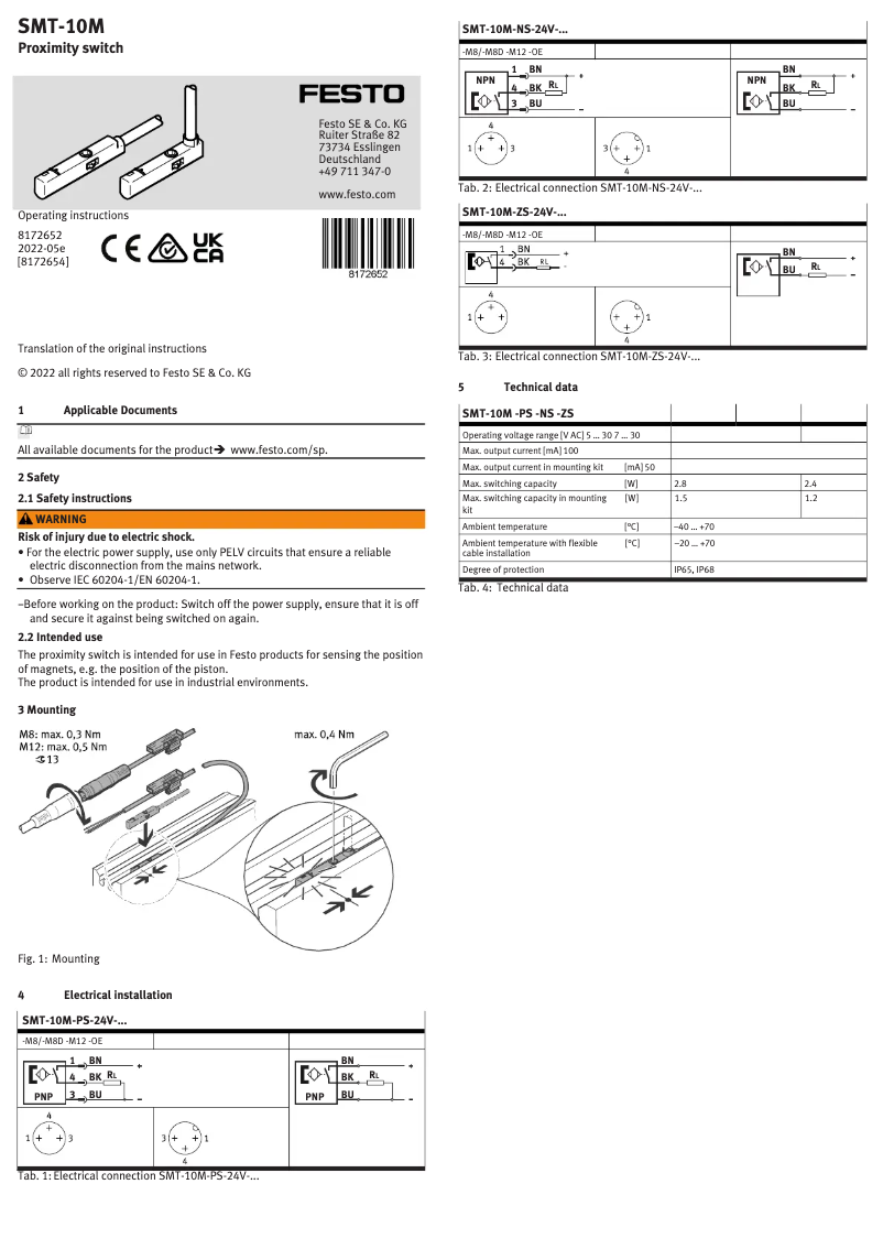 Page n°1 - Manuel utilisateur Festo SMT-10M-NS-24V-E-0,3-L-M8D