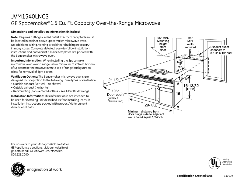 Page 1 de la notice Fiche technique GE JVM1540LNCS