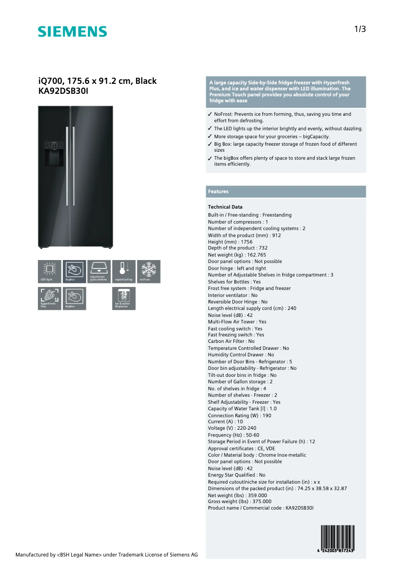 Page n°1 - Fiche technique Siemens KA92DSB30I