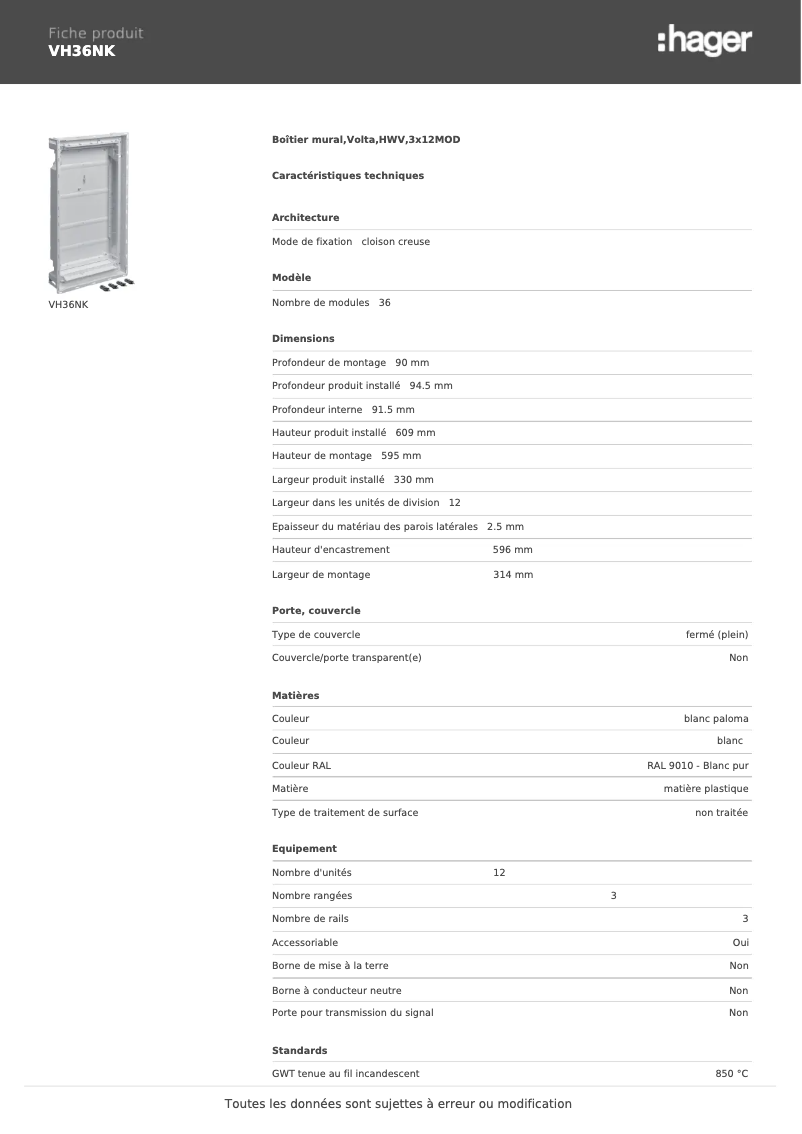 Page n°1 - Fiche technique Hager VH36NK