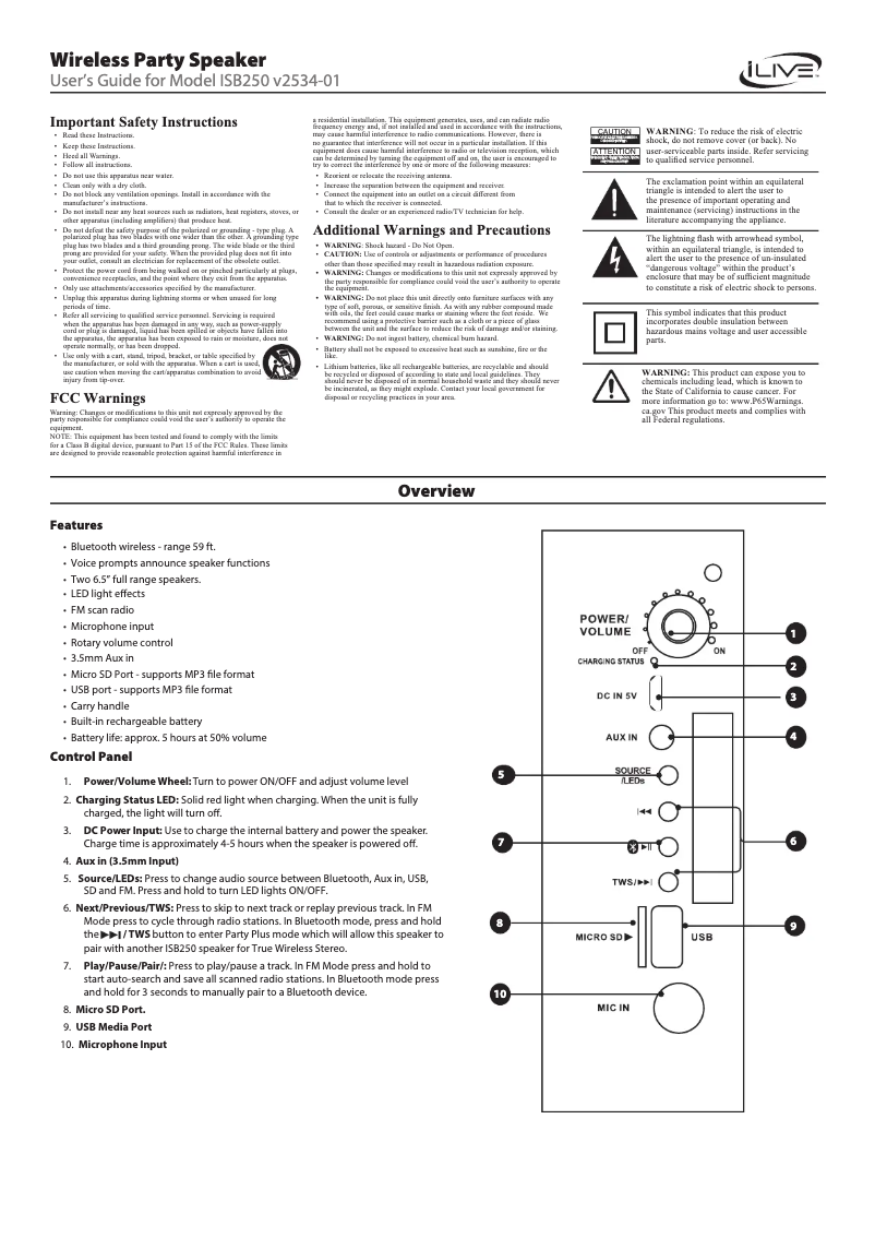 Page n°1 - Manuel utilisateur iLive ISB250