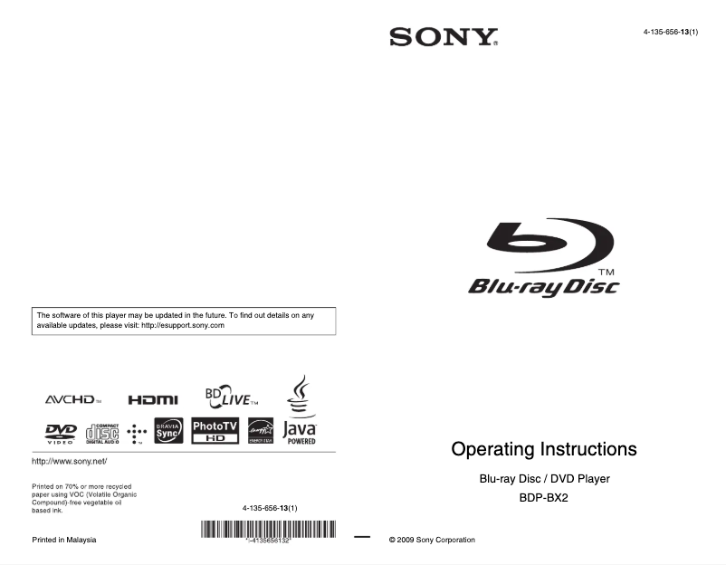 Page 1 de la notice Manuel utilisateur Sony BDP-BX2