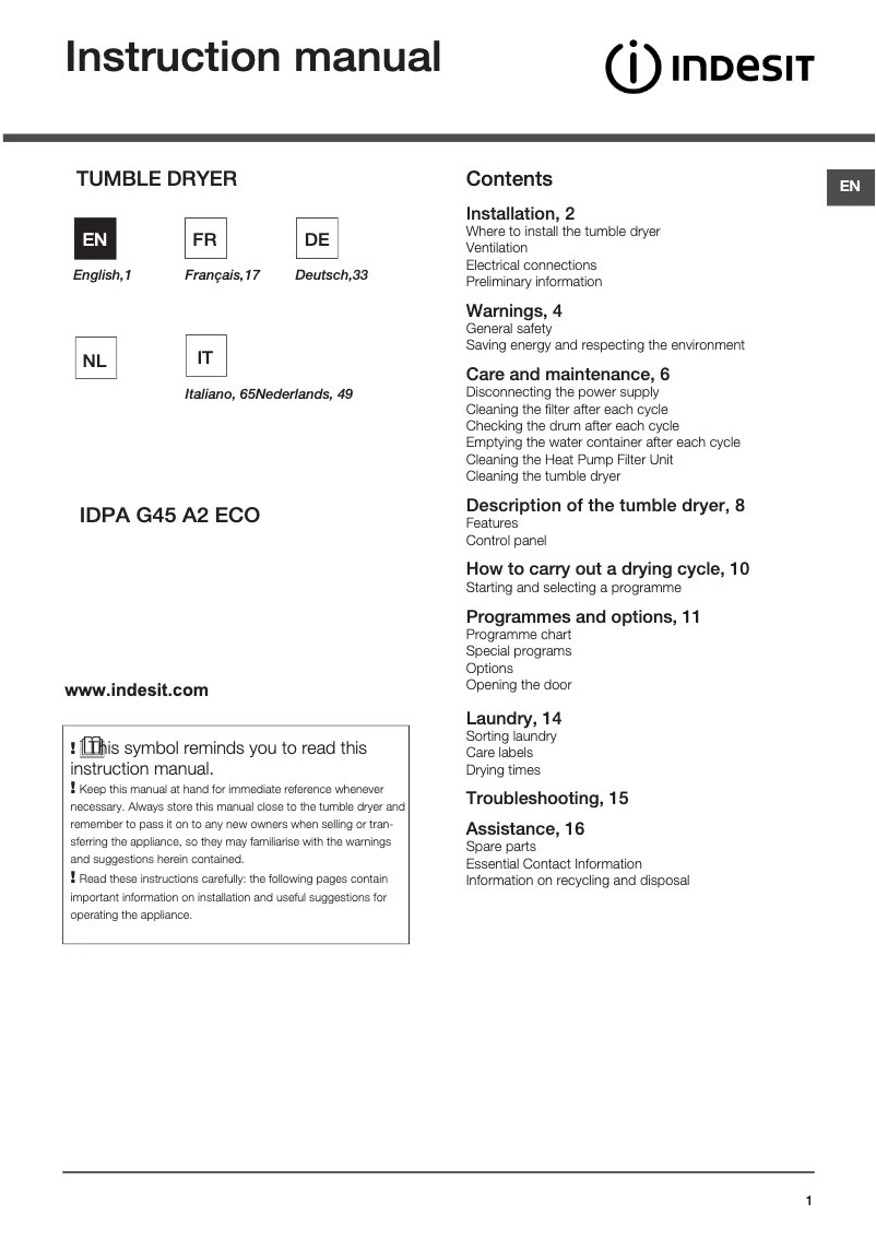 Page 1 de la notice Manuel utilisateur Indesit IDPA G45 A2 ECO (EU)