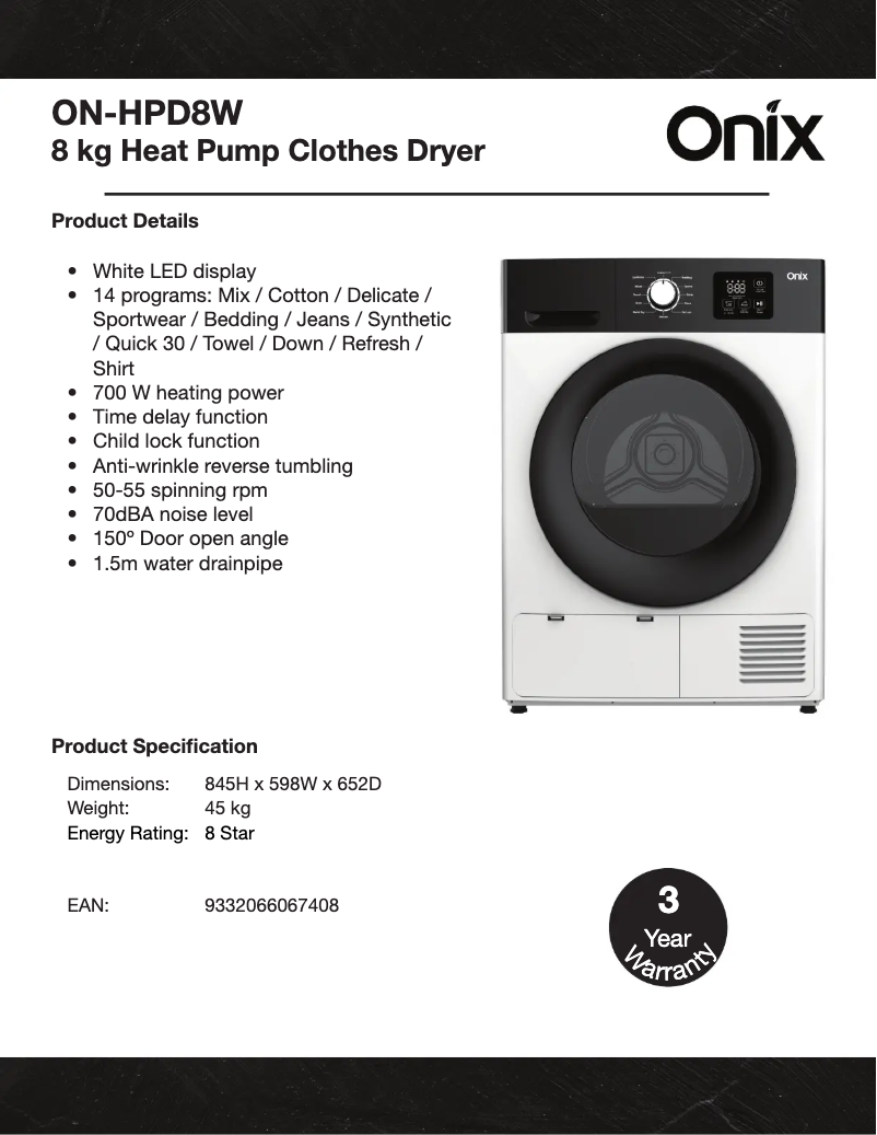 Page n°1 - Fiche technique Onix ON-HPD8W