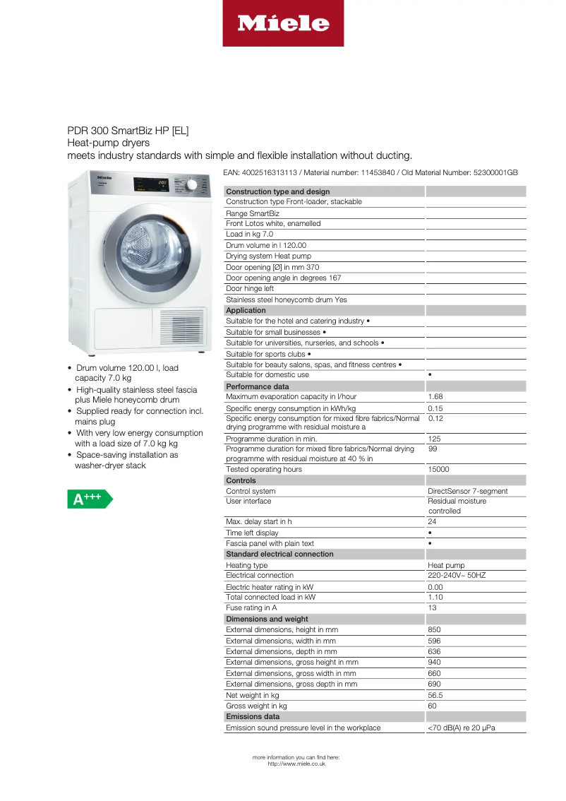 Page n°1 - Fiche technique Miele PDR 300 SmartBiz HP