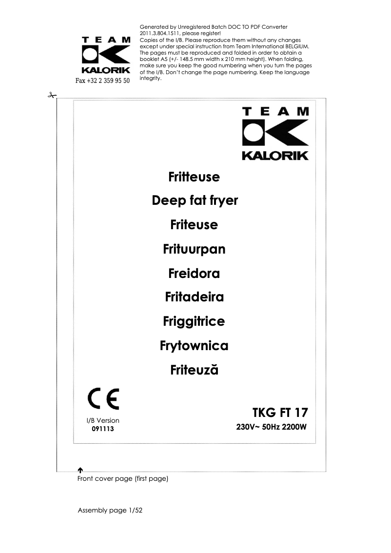 Image de la première page du manuel de l'appareil TKG FT 17