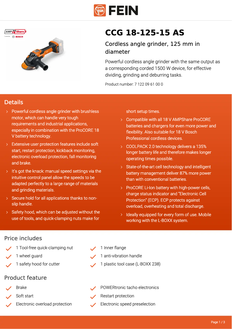 Page 1 de la notice Fiche technique Fein CCG 18-125-15 AS