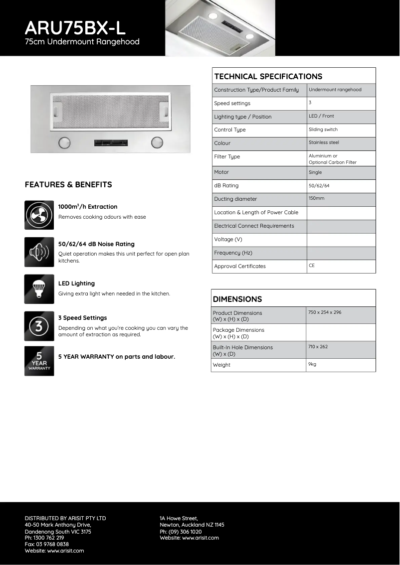 Página 1 del manual Ficha técnica Tisira ARU75BX-L