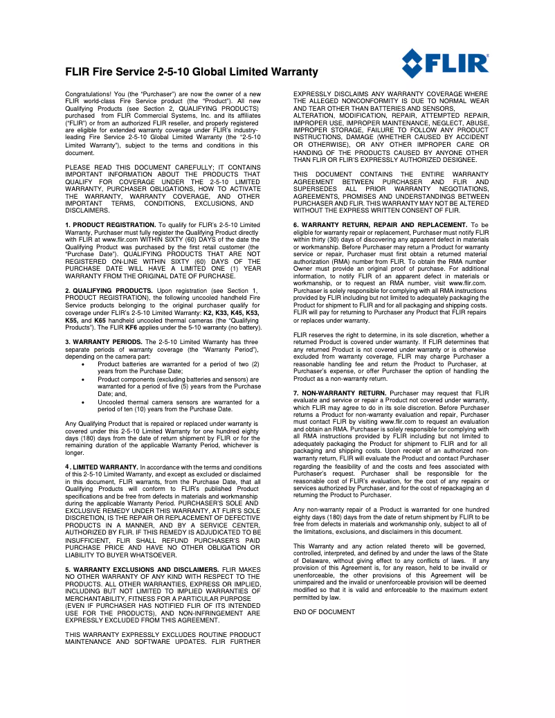 Page 1 de la notice Informations de garantie FLIR K45