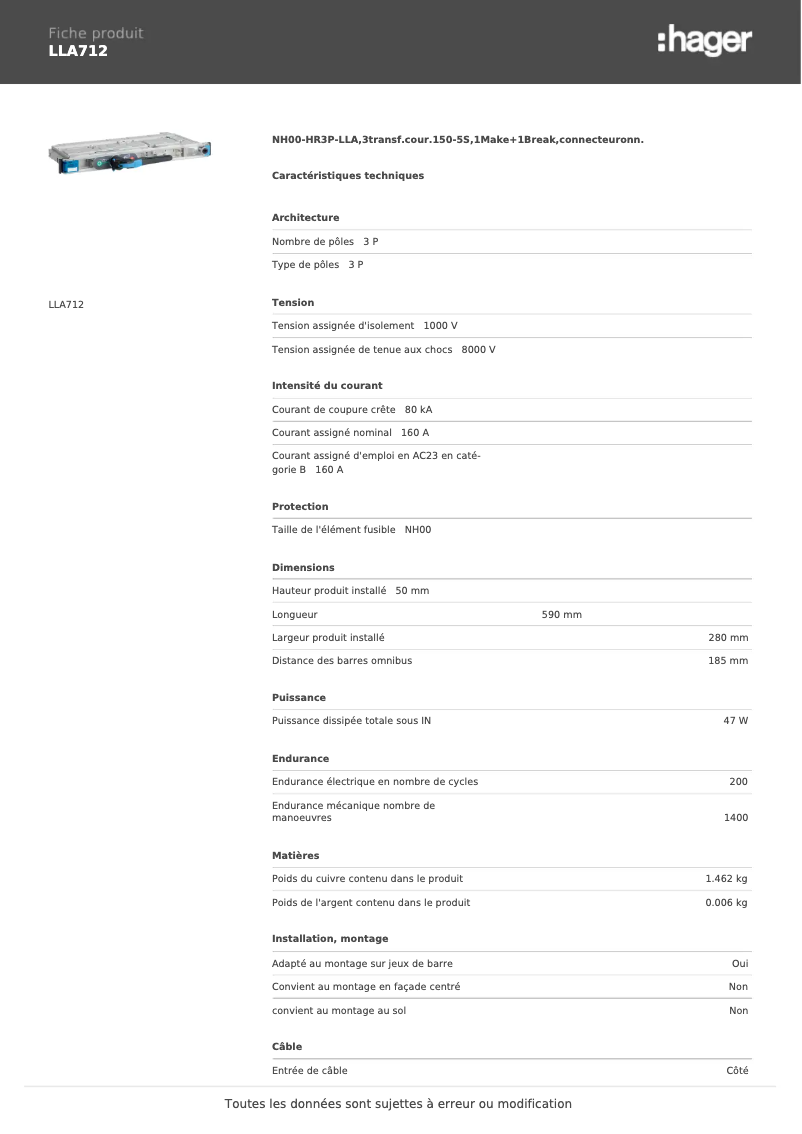 Page 1 de la notice Fiche technique Hager LLA712