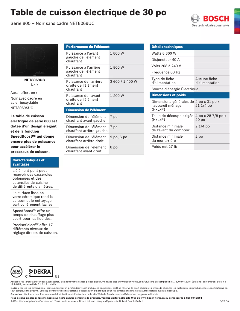 Page 1 de la notice Fiche technique Bosch NET8069UC