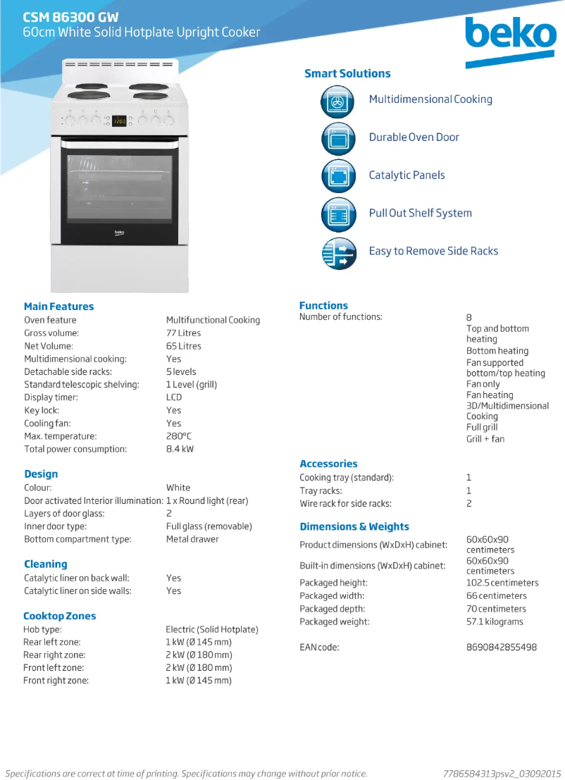 Page 1 de la notice Fiche technique Beko CSM86300GW