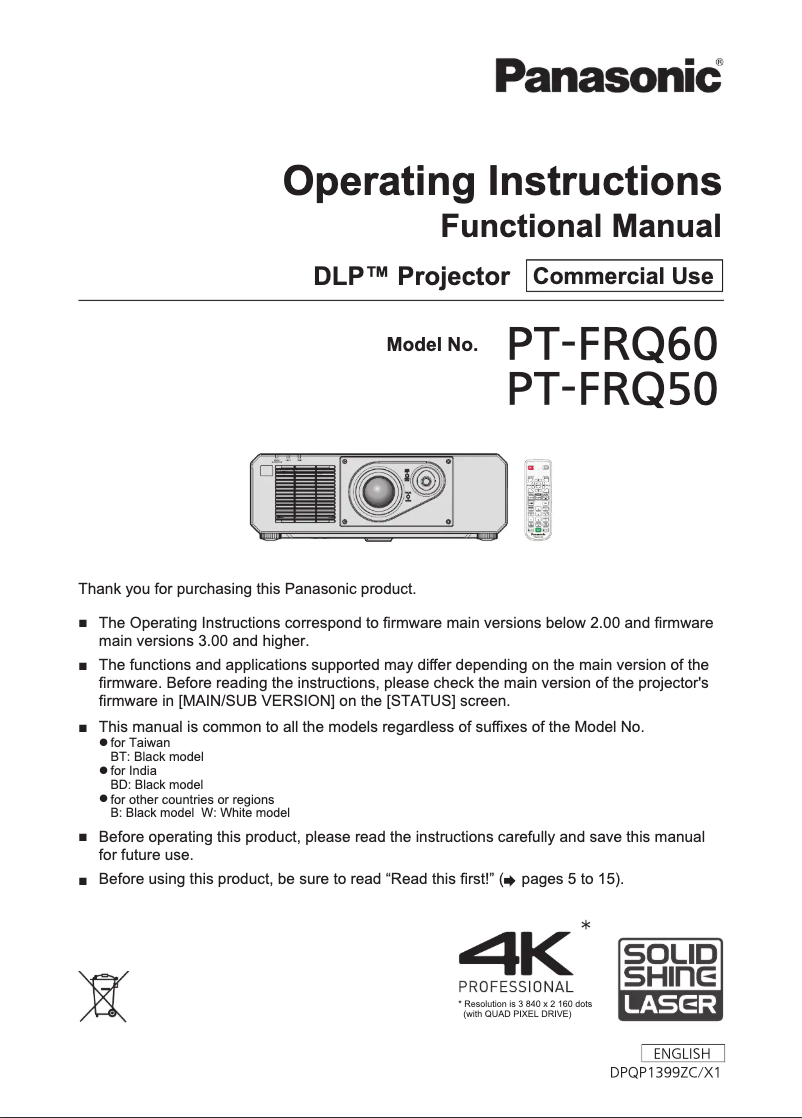 Image de la première page du manuel de l'appareil PT-FRQ60BU7