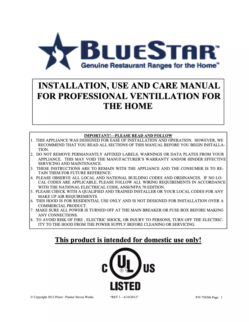 Page 1 de la notice Manuel utilisateur BlueStar PY060ML