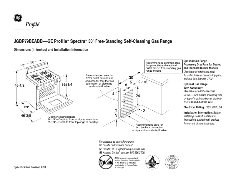 Page n°1 - Fiche technique GE Profile Spectra JGBP79BEABB
