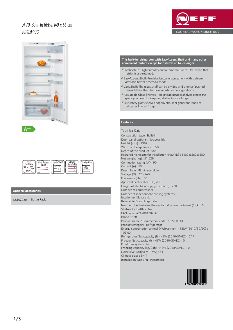 Page 1 de la notice Fiche technique Neff KI1513F30G