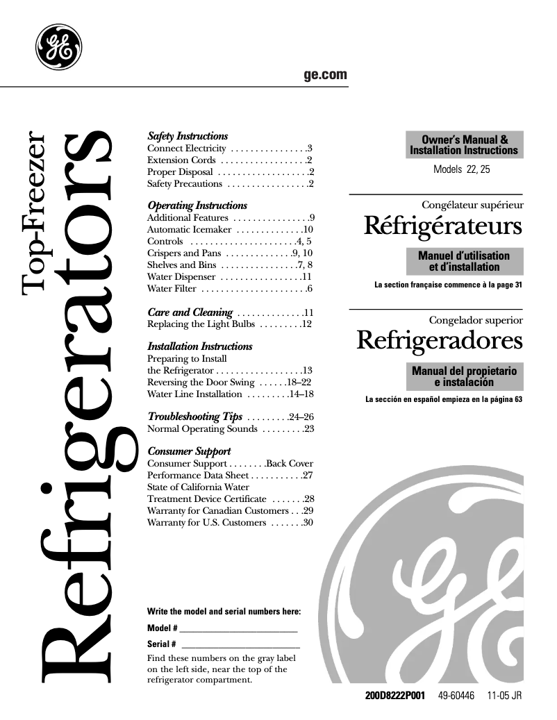 Page 1 de la notice Guide d'installation GE PTS22LHPWW