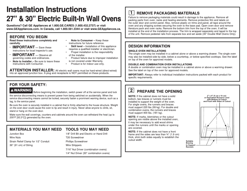 Page n°1 - Guide d'installation GE PT9051SLSS