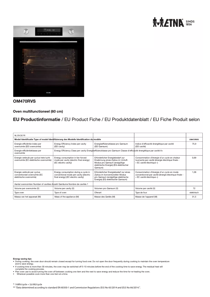 Page 1 de la notice Fiche technique Etna OM470RVS