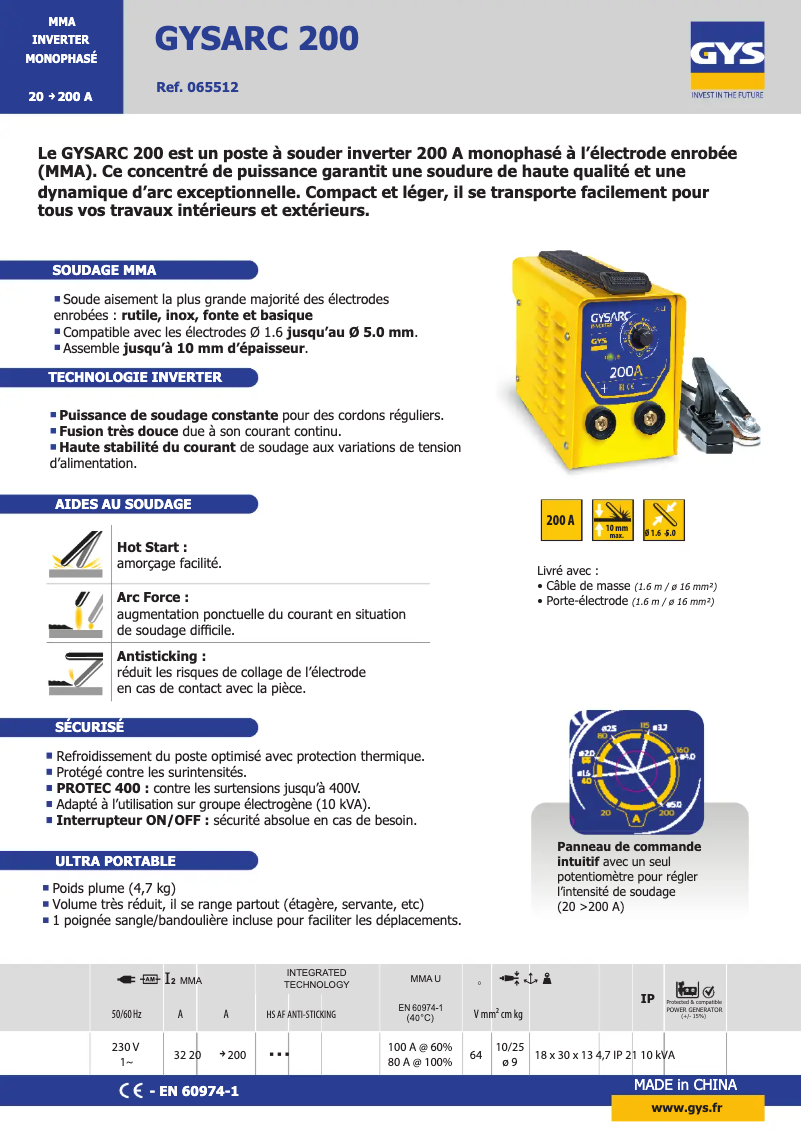 Page n°1 - Fiche technique GYS Gysarc 200