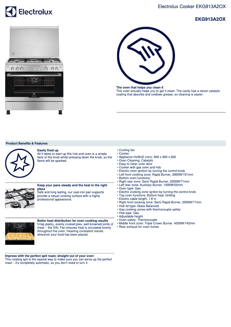 Page 1 de la notice Fiche technique Electrolux EKG913A2OX