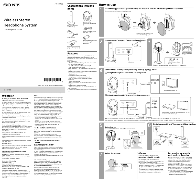 Page n°1 - Manuel utilisateur Sony WH-RF400