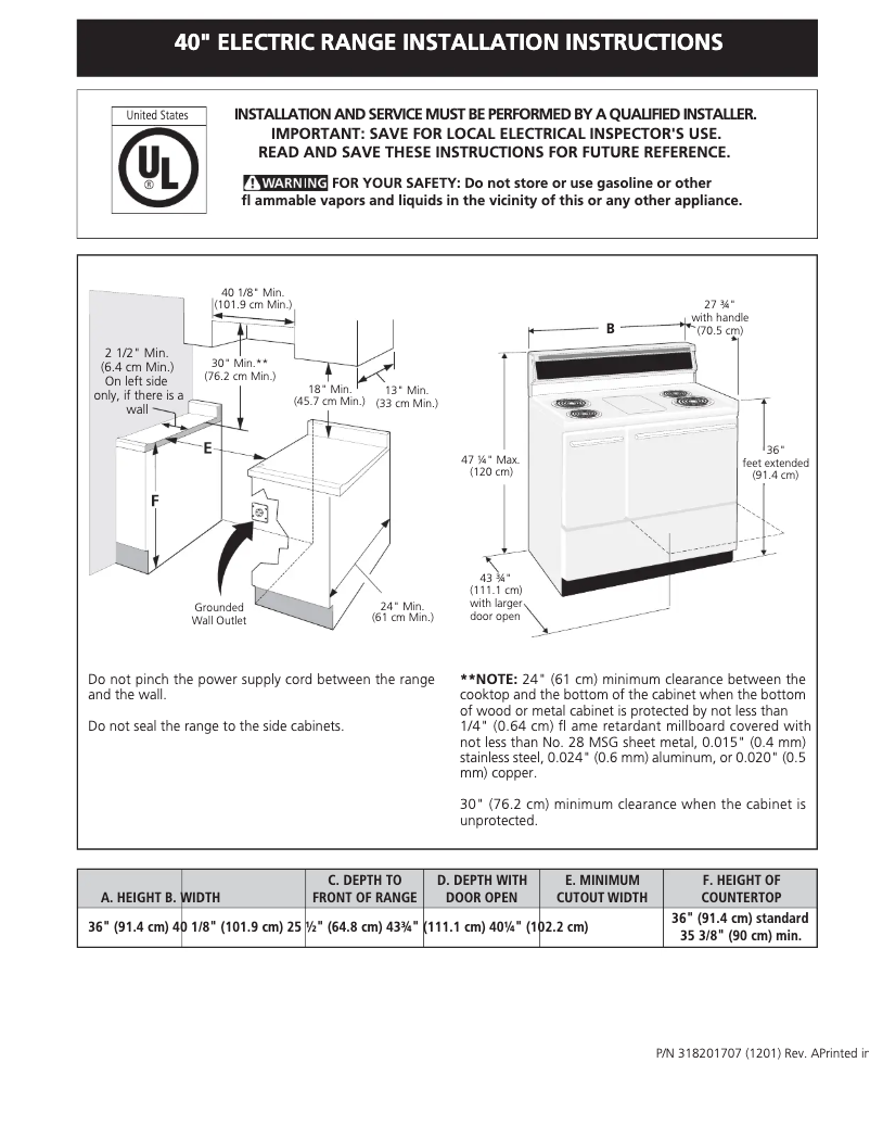 Page n°1 - Guide d'installation Frigidaire FFEF4005LW
