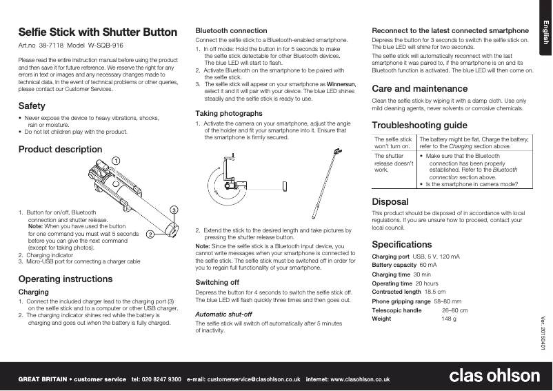 Page 1 de la notice Manuel utilisateur Clas Ohlson W-SQB-916