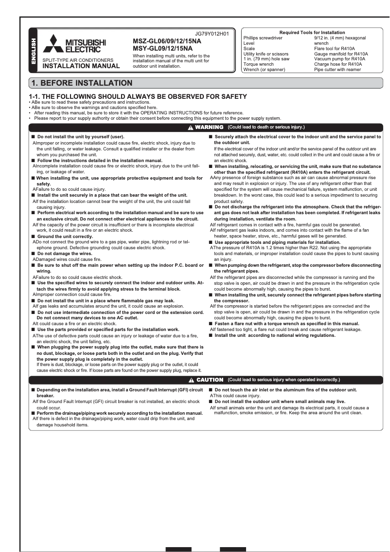 Page 1 de la notice Guide d'installation Mitsubishi MUY-GL18NA-U1