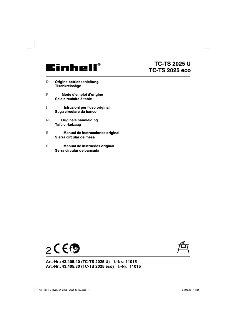 Page 1 de la notice Manuel utilisateur Einhell TC-TS 2025 U