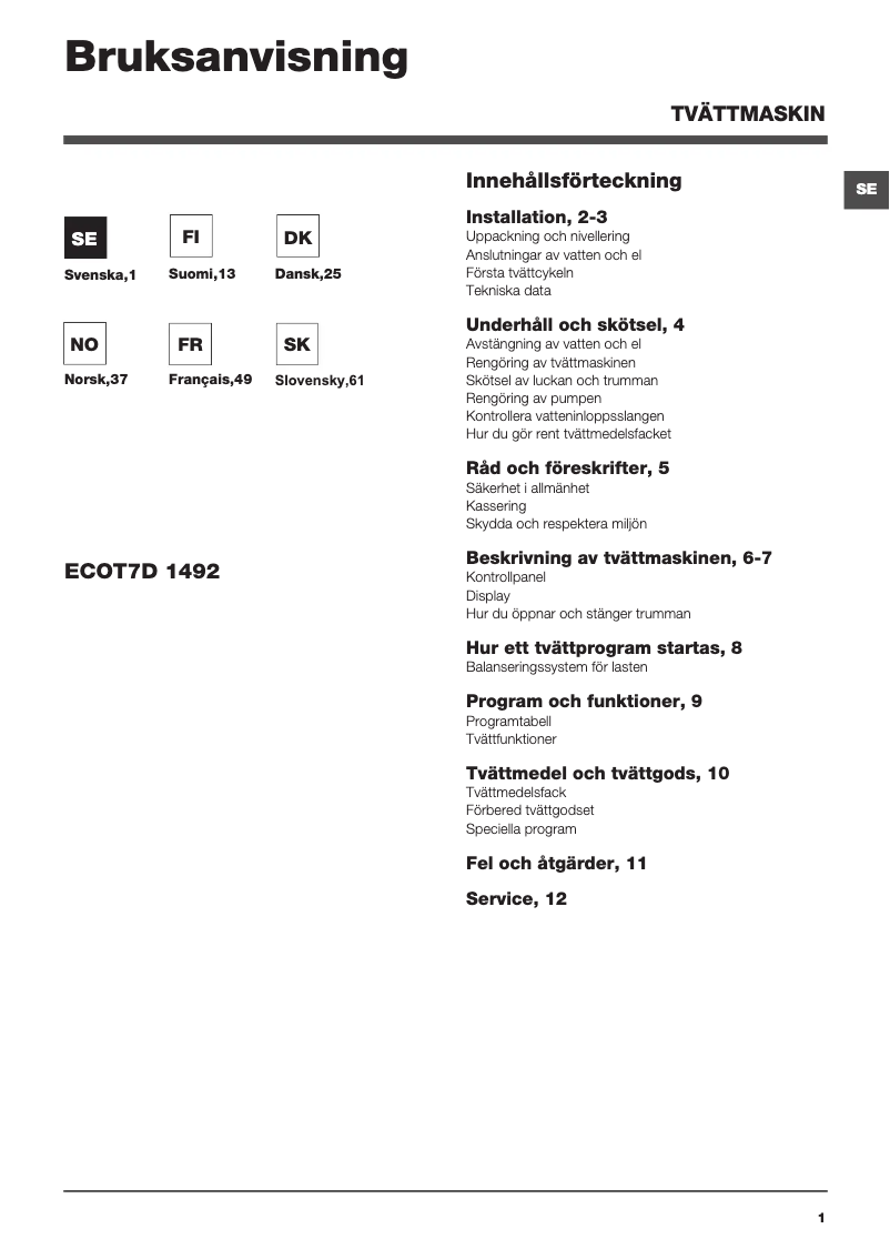 Image de la première page du manuel de l'appareil ECOT7D 1492 EU