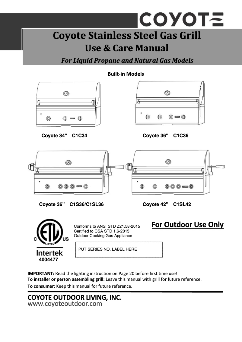 Page 1 de la notice Manuel d'utilisation et d'entretien Coyote C1S36NG
