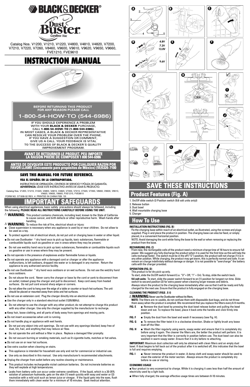 Page 1 de la notice Manuel utilisateur Black & Decker Dustbuster V9610