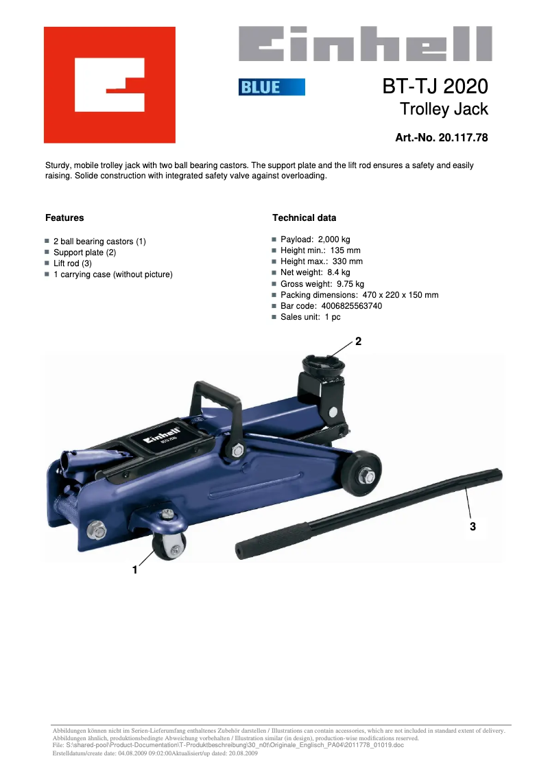 Page 1 de la notice Manuel utilisateur Einhell BT-TJ 2020