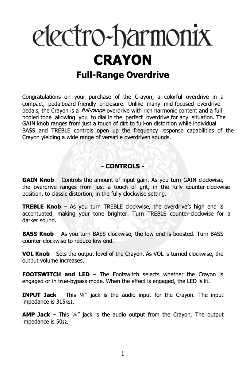 Page n°1 - Manuel utilisateur Electro Harmonix Crayon 69