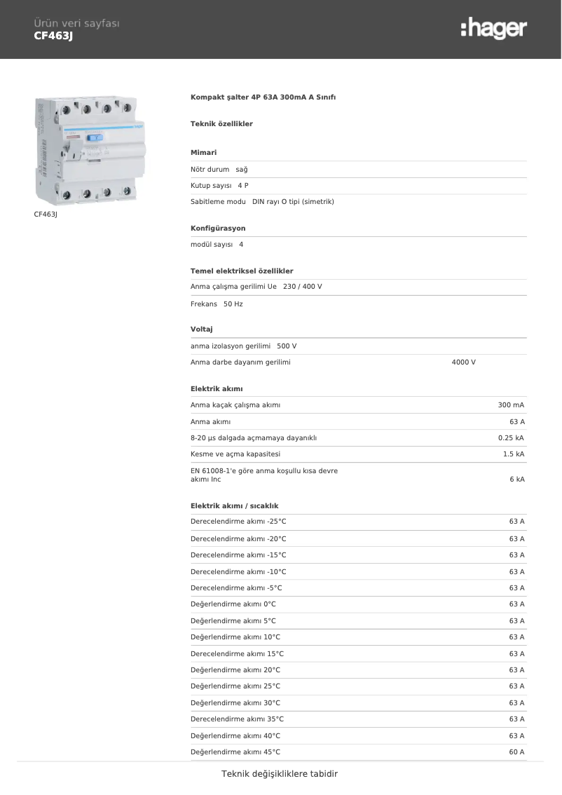 Page 1 de la notice Fiche technique Hager CF463J