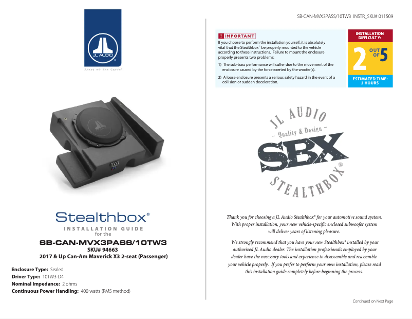 Page 1 de la notice Manuel utilisateur JL Audio Stealthbox SB-CAN-MVX3PASS/10TW3