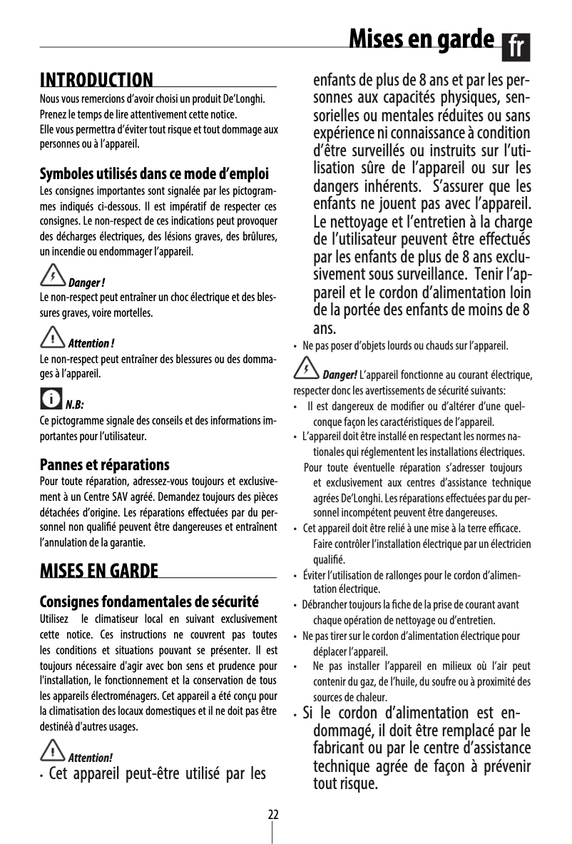 Page 1 de la notice Manuel utilisateur DeLonghi PAC CN93ECO