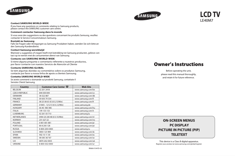 Page n°1 - Manuel utilisateur Samsung LE40M71B