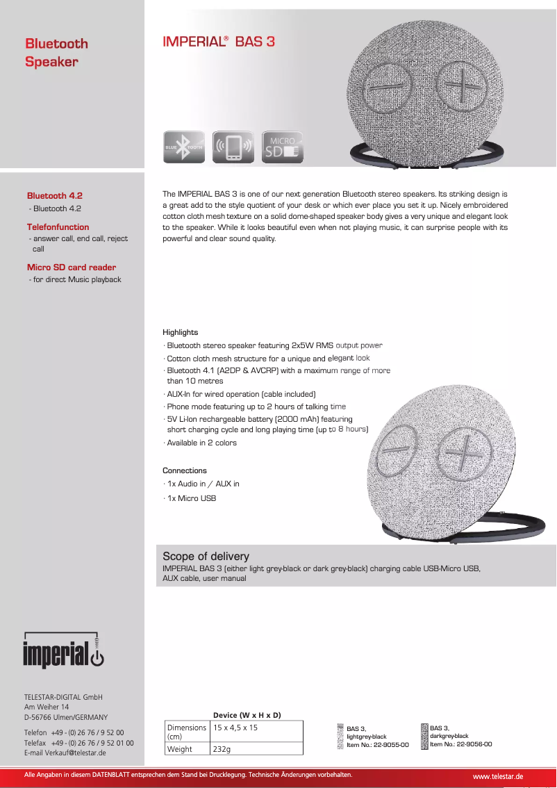 Page 1 de la notice Fiche technique Imperial BAS 3