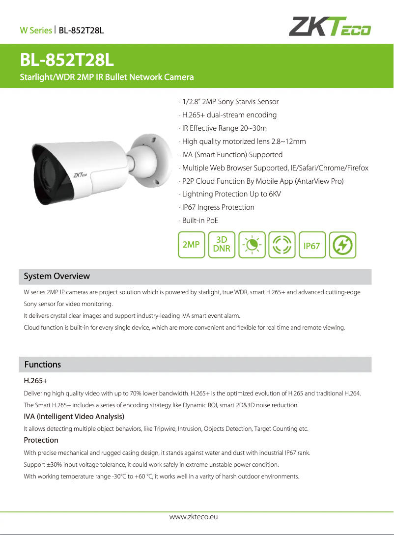 Page 1 de la notice Manuel utilisateur ZKTeco BL-852T28L