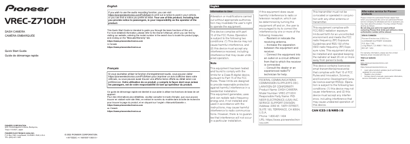 Page 1 de la notice Guide de démarrage rapide Pioneer VREC-Z710DH