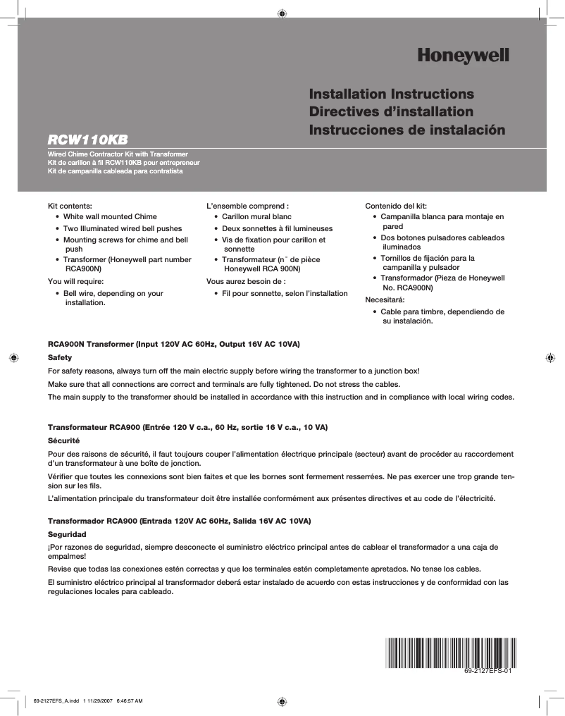 Page 1 de la notice Manuel utilisateur Honeywell RCW110KB