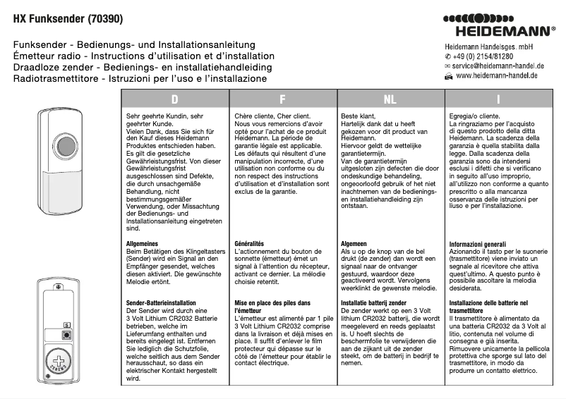 Page 1 de la notice Manuel utilisateur Heidemann HX Funksender 70390