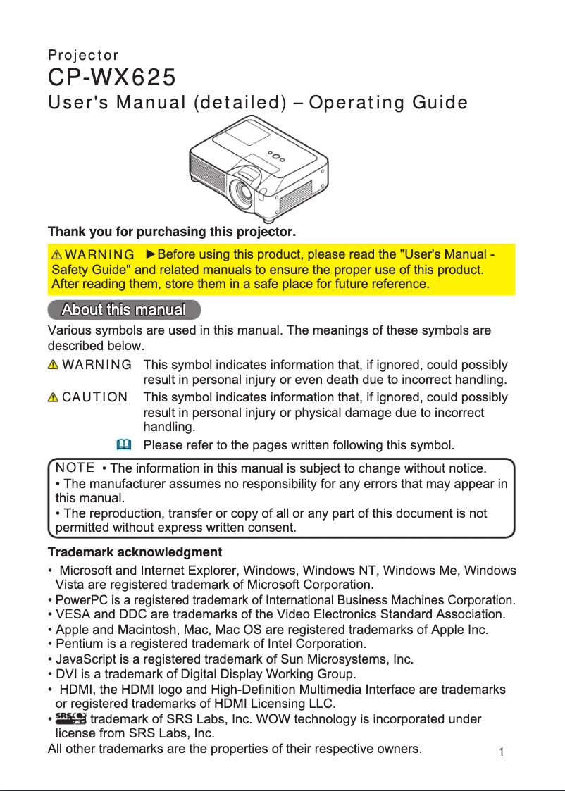 Image de la première page du manuel de l'appareil CP-WX625