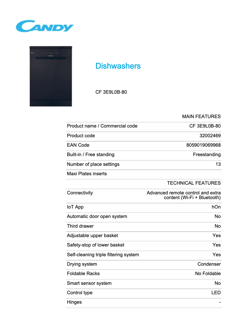 Page 1 de la notice Fiche technique Candy RapidÓ CF 3E9L0B