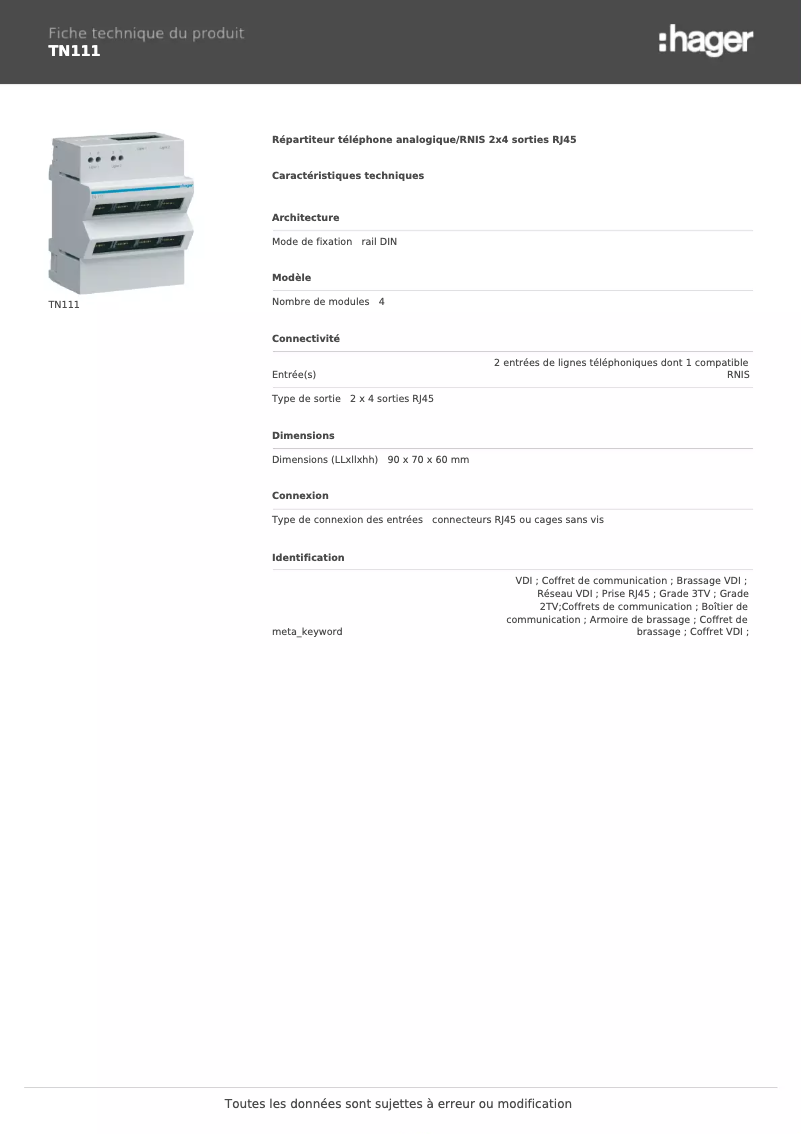 Page 1 de la notice Fiche technique Hager TN111