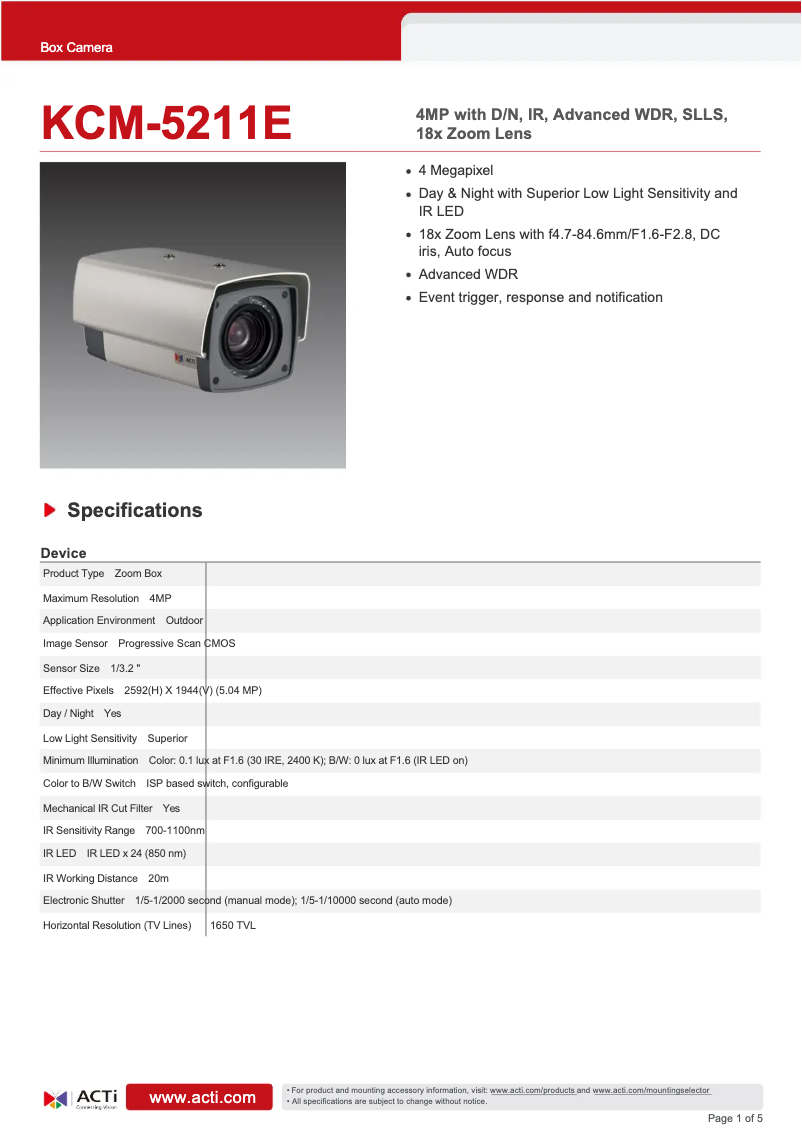 Page 1 de la notice Fiche technique ACTi KCM-5211E