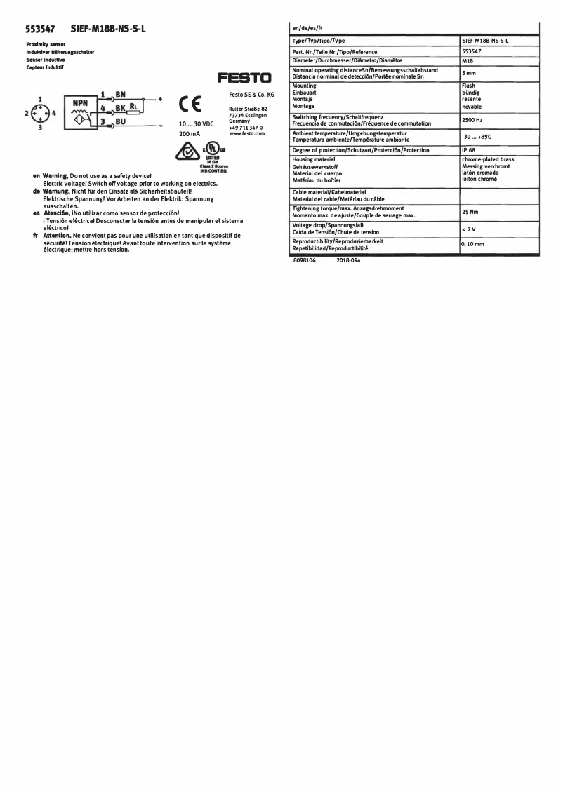 Page 1 de la notice Manuel utilisateur Festo SIEF-M18B-NS-S-L